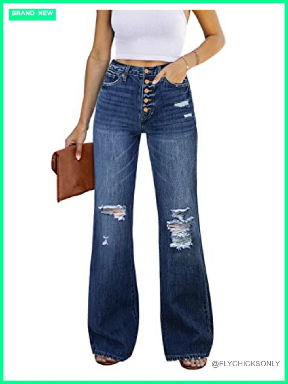 High Waist Ripped Flare Jeans Stretchy Denim Button Fly Wide Leg Pants